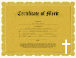 picture of award with a metallic gold background; this sample award of Merit (for perfect Sunday school attendance) went to Luiz Raul Lopez of San Luis Obispo, California